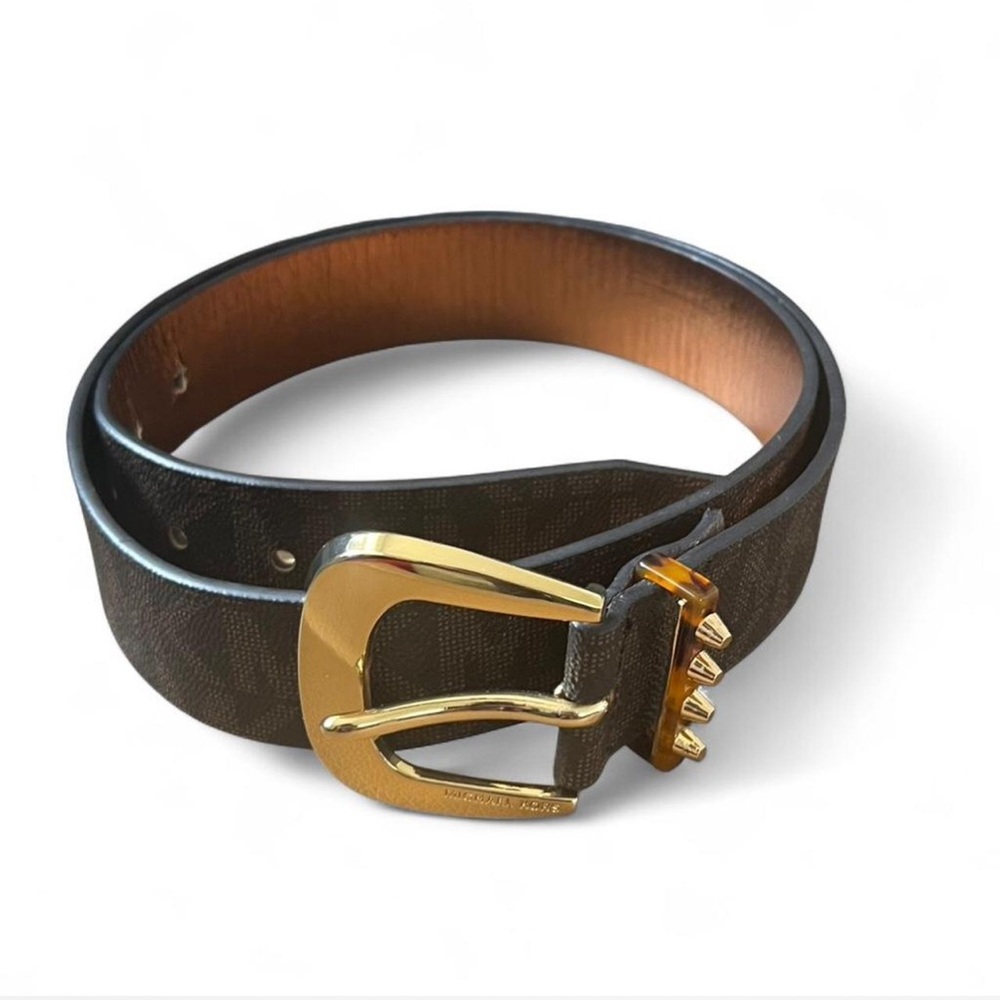 Michael Kors Dark Brown Logo Belt with Gold Buckle